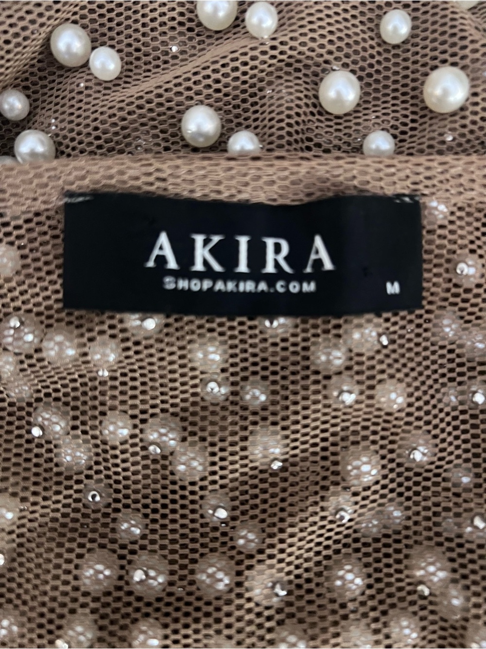 AKIRA NWT Taupe  Pearl-Embellished Sheer Sleeve one piece top - Picture 3 of 3